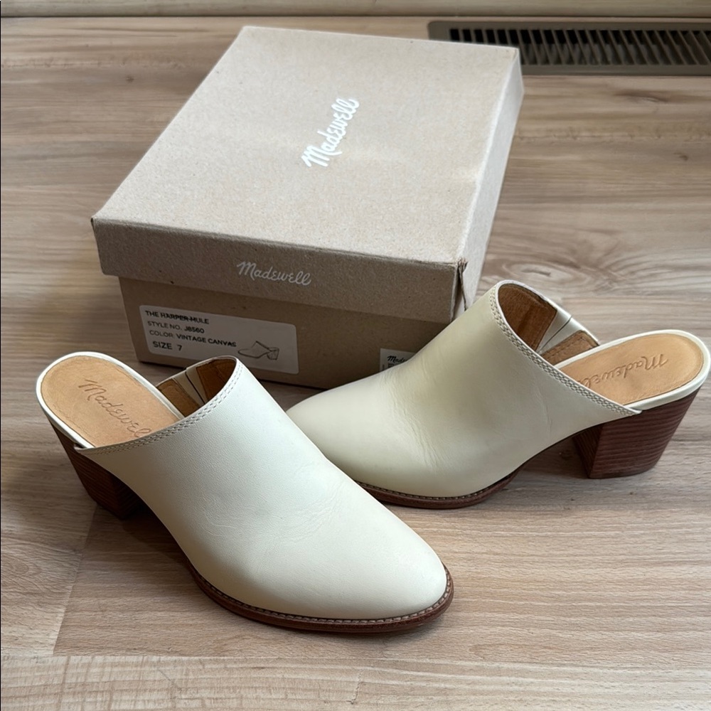 Madewell Cream and Brown Mules with Wedge Heel